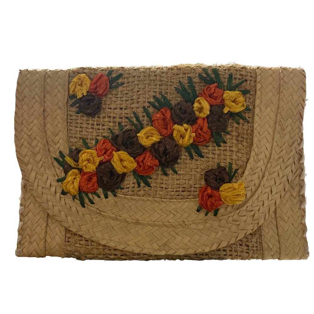 Vintage Woven Raffia Floral Clutch Bag Boho Straw Envelope Purse Tan 11x6